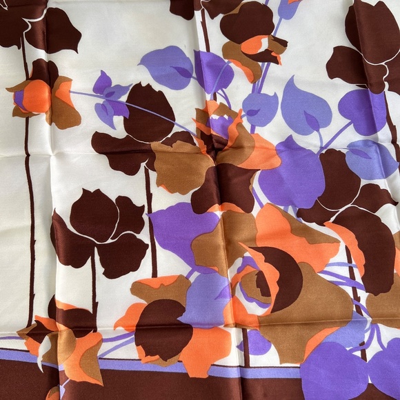Seta Pura Scarf Abstract Floral Orange Brown Purple Silk 26" Square Rolled Edge - Picture 2 of 4